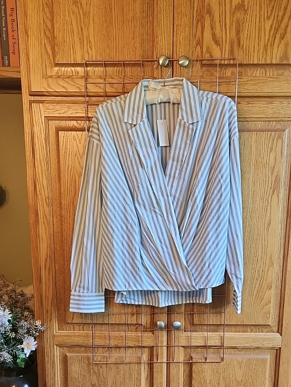 NWT LOFT Striped Wrap Front Button-Style Blouse in Blue & White, Size L